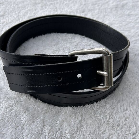 Black Genuine Leather Belt 44 silver tone buckle Basic Classic Snap On - Picture 1 of 16